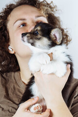 Love for your pets. Close-up of face of woman, owner of small Welshcorg puppy, whom she holds in her arms and kisses.