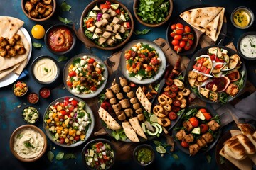 dinner table decorated with colorful food items - obrazy, fototapety, plakaty
