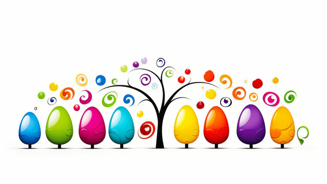 Abstract spring illustraition, stylized colorful Easter eggs and tree with branches and leaves as abstract swirls in bright colors on white background. Easter season, festive spring celebration