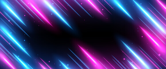 Blue and Pink Rays Zoom In Motion Effect, Light Color Trails on Ultrawide Background, Vector Illustration - obrazy, fototapety, plakaty
