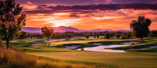 Sunset over the golf course with the sky, orange, purple light