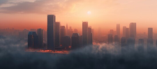 The city buildings are covered in thick fog, with a background of the glow of the rising sun, orange and blue