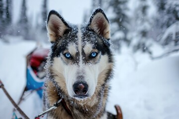 Naklejka premium A husky, covered in a dusting of snow, stands at the helm of a brightly colored sled, its piercing blue eyes focused intently on the path ahead