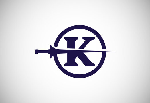 English alphabet K with spear lance. Creative spear logo design template vector illustration
