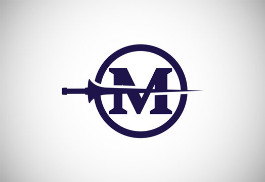 English alphabet M with spear lance. Creative spear logo design template vector illustration
