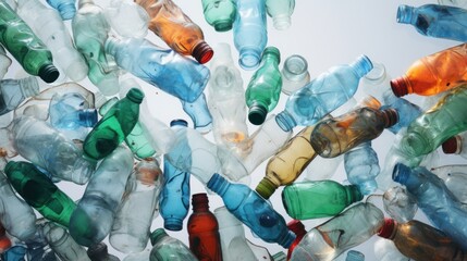 Empty smashed plastic bottles on the light background top view. Environmental and ecological safety concept. Plastic wastes pollution - obrazy, fototapety, plakaty