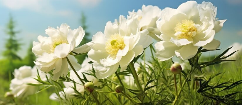 White peony flowers, grass background. Close Up