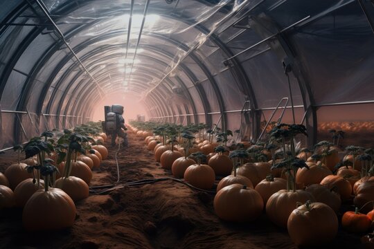 Greenhouse on Mars surface. Concept of agriculture and farming on new planets. Vegetable plantations and food production in space