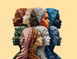 Foto op Canvas Black history month, diversity concept, group of women various ethnic groups wearing a scarf, isolated background, illustration with crumpled paper © poco_bw