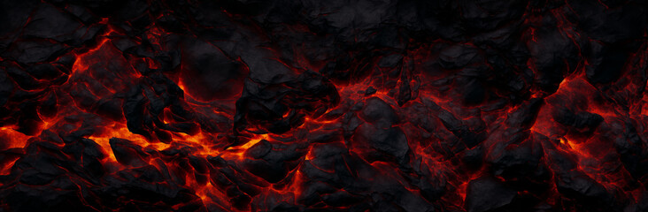 Halloween molten lava texture background. Burning fire coles concept of armageddon hell. Fiery lava and rock backdrop with atmospheric light, grunge glowing texture wide banner by Vita - obrazy, fototapety, plakaty
