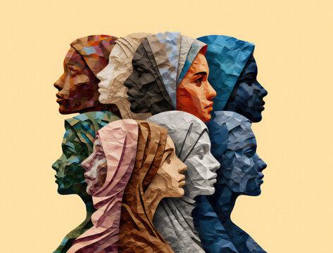 Black history month, diversity concept, group of women various ethnic groups wearing a scarf, isolated background, illustration with crumpled paper