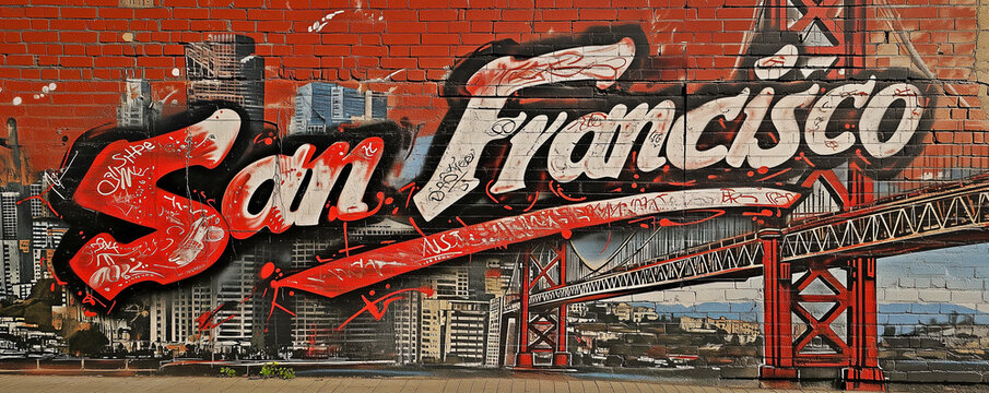 San Francisco written in graffiti art with cityscape and famous red Golden Gate Bridge. Grunge graffiti urban city sign on a red brick wall. USA tourism, vacation lifestyle text word sign by Vita 