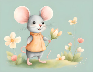 Mouse with flower, cartoon