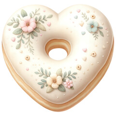 Elegant Heart-Shaped Donut, Pastel Ivory Colored Valentine Donut Decorated with Icing and Floral, Sweet Dessert, Isolated on Transparent Background. Generative AI