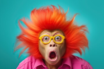 Retro hair style ape is shocked on bright background, concept of shocked emotions
