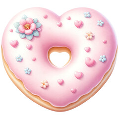 Elegant Heart-Shaped Donut, Pastel Pink Colored Valentine Donut Decorated with Icing and Floral, Sweet Dessert, Isolated on Transparent Background. Generative AI