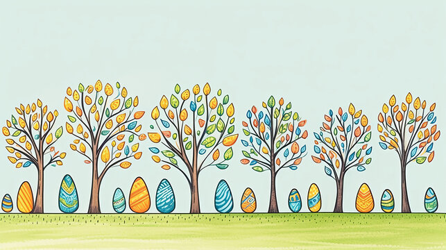 Colorful illustration of row of whimsical trees and stylized Easter eggs in spring hues, with soft blue green sky background. Changing seasons, springtime celebrations and Easter decorations.