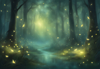 An forest with fireflies, cartoon