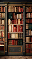 Old bookshelves in library, front view - obrazy, fototapety, plakaty