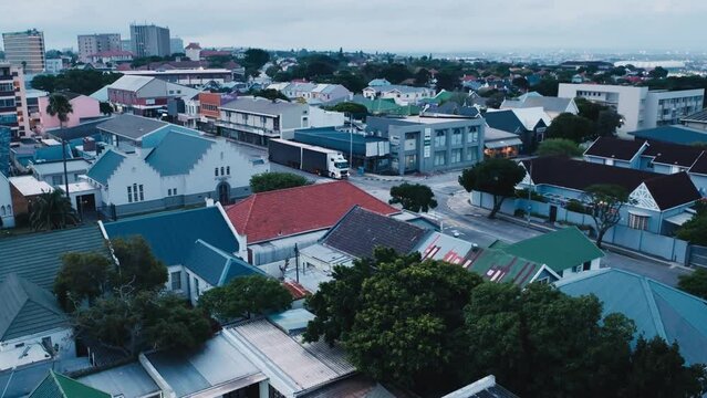 Aerial view of truck moving through the city of Port Elizabeth, South Africa