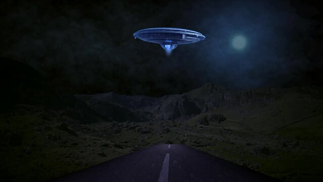 Flying saucer hovering over empty road