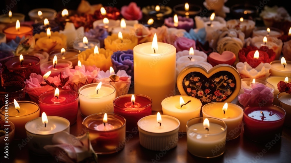 Poster a mix of different shapes and sizes of candles tered on a table, each one uniquely crafted and a sym