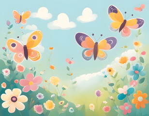 Fototapeta na wymiar Butterfly on flower field cartoon
