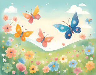 Butterfly on flower field cartoon