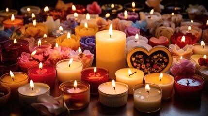 A mix of different shapes and sizes of candles tered on a table, each one uniquely crafted and a...