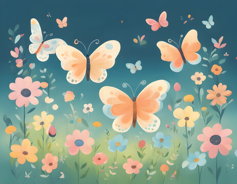 Butterfly on flower field cartoon