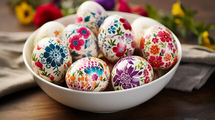 Decorated Easter eggs with floral design in white bowl on wood table. Traditional Easter. Spring Celebration Decor