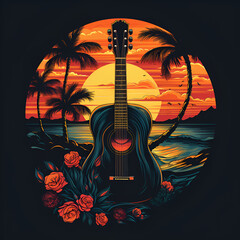 Guitar on the beach vintage sunset t-shirt design