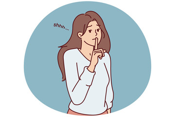 Modest woman puts finger to lips, wanting to keep secret or calm interlocutor who speaks loudly. Beautiful girl teacher makes gesture of silence to calm schoolchildren before lesson. Flat vector image