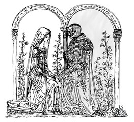Woodcut style illustration of a medieval maiden wearing veil visiting death (disguised as a knight) in a garden. Arch motif with plants, hand drawn illustration.