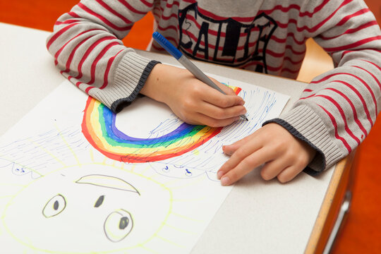 children's drawing on paper, rainbow
