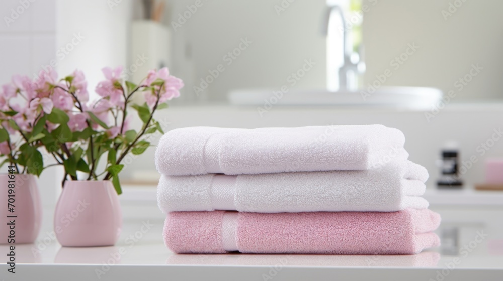 Poster a crisp white bathroom with soft pink towels neatly folded on the counter, adding a subtle pop of co