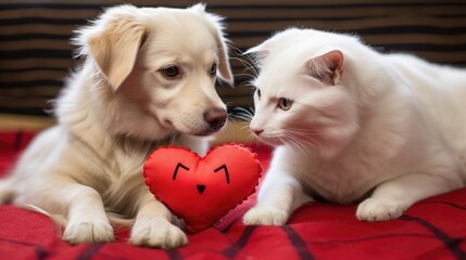 Fototapeta na wymiar A dog and cat duo share a heartshaped toy, an unexpected display of sibling love at a Valentines Day pet gifting event.