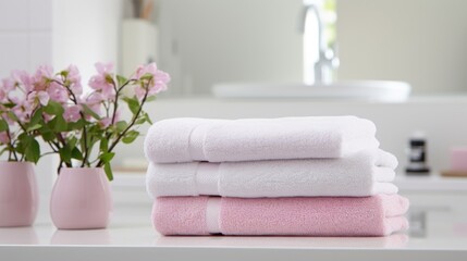 A crisp white bathroom with soft pink towels neatly folded on the counter, adding a subtle pop of color to the clean and minimalist space.
