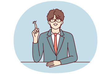 Inspired man manager pointing finger up while coming up with idea to increase company profits. Guy in business suit raises hand and wants to speak during meeting with colleagues. Flat vector design