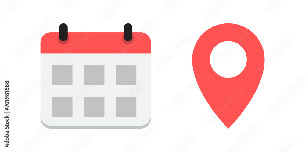 Poster date and address icon vector in flat design. calendar and location marker symbol