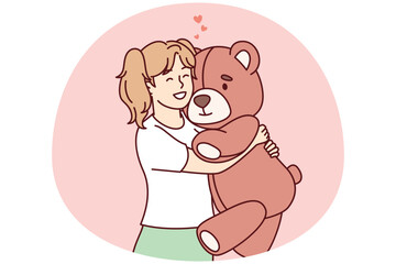 Little girl hugs big favorite soft toy and smiles feeling affection. Happy preschool child holding plush bear rejoicing at cool gift from parents or relatives. Flat vector illustration