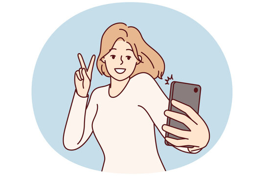 Happy woman blogger taking selfie on mobile phone to post photos on own page in social network. Cheerful girl with smartphone takes picture of herself showing letter V with fingers. Flat vector image