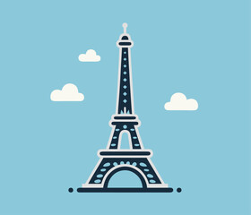 Fototapeta na wymiar Flat pictogram of the Eiffel Tower on background of blue sky with clouds. Vector graphics