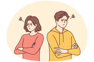 Man and woman stand in offended pose after quarrel or disagreement not wanting to communicate. Young family of guy and girl look in different directions with displeasure. Flat vector design