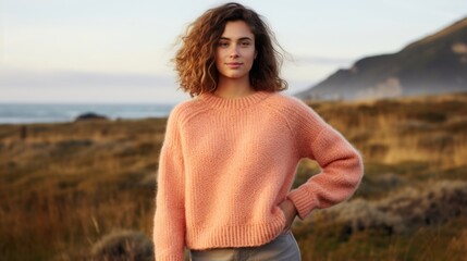 Minimalistic view of a Peach Fuzz knit sweater, handcrafted from repurposed wool. Cozy, comfortable, and environmentally responsible.