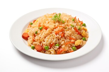 Chinese fried rice with egg vegetables served on a white plate against a white background