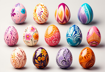 Fototapeta na wymiar Happy Easter.Set of Easter eggs with different texture on a white background.Spring holiday. Vector Illustration.Happy easter eggs
