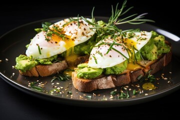 Avocado and egg toast plated in a closeup shot