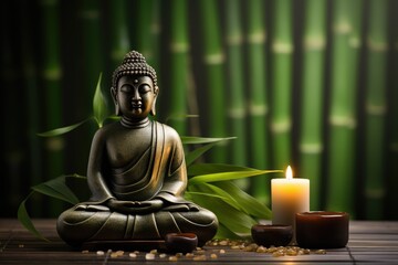 Buddha meditating with candle bamboo leaf and zen stones