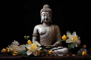 Buddha statue adorned with frangipani on dark backdrop